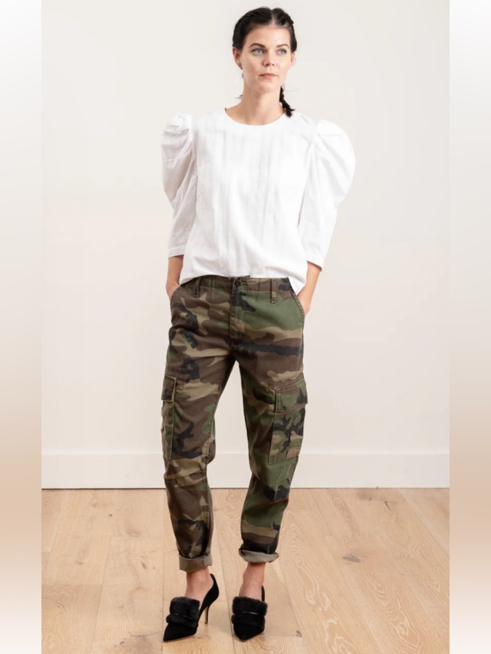 Re/Done Women's Camo Cargo Barrel Feel Cropped Style Pants Jean in Size 27